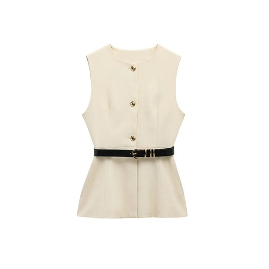 Emma- Gilet Long Sans Manches avec Ceinture