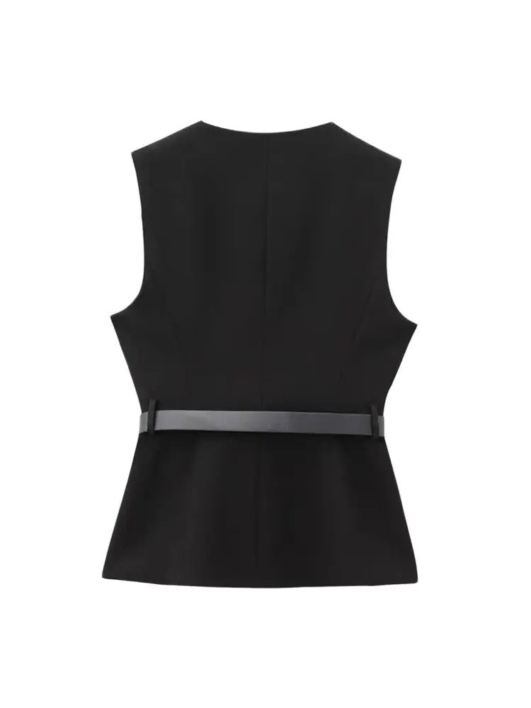 Emma- Gilet Long Sans Manches avec Ceinture