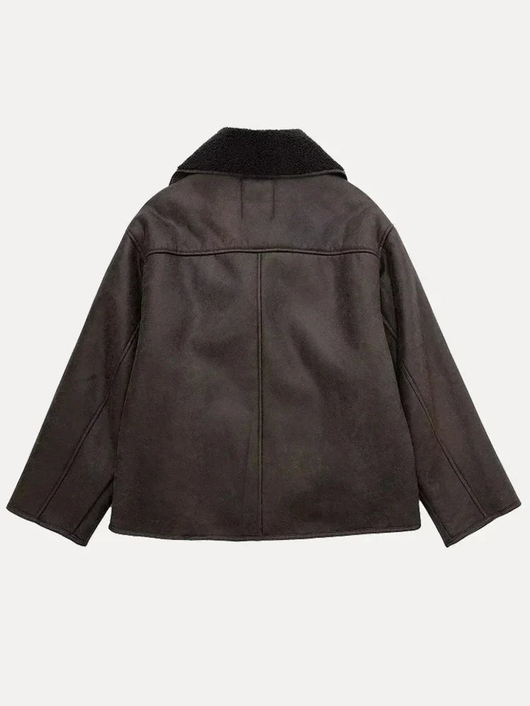 Veste femme col large empiècements duveteux