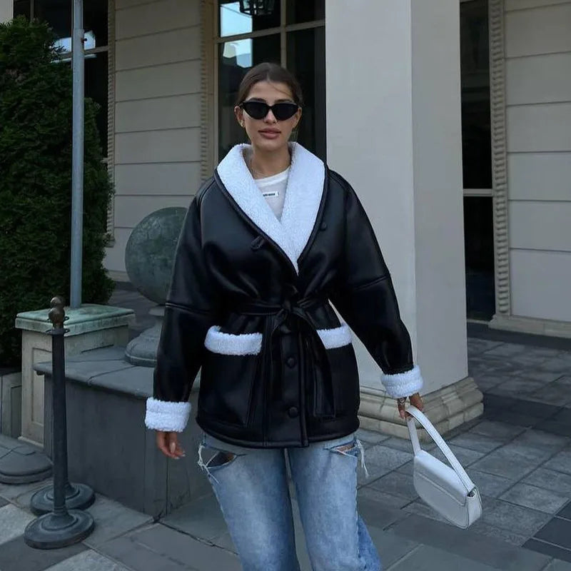 Veste d’hiver ceinturée pour femme | fermeture à boutons | col large doublé