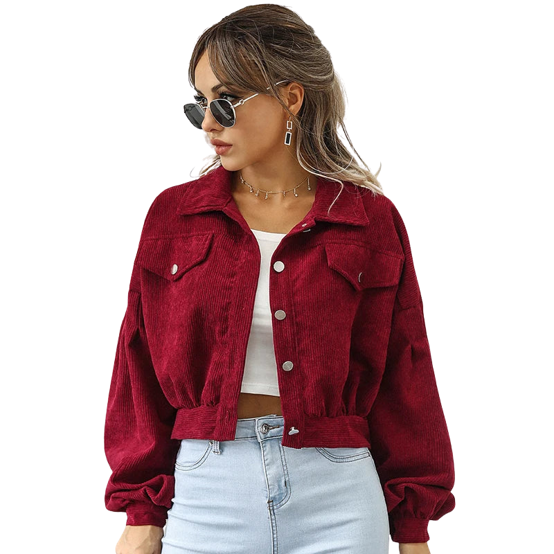 Veste courte en velours côtelé pour femme | manches longues | boutonnée sur le devant