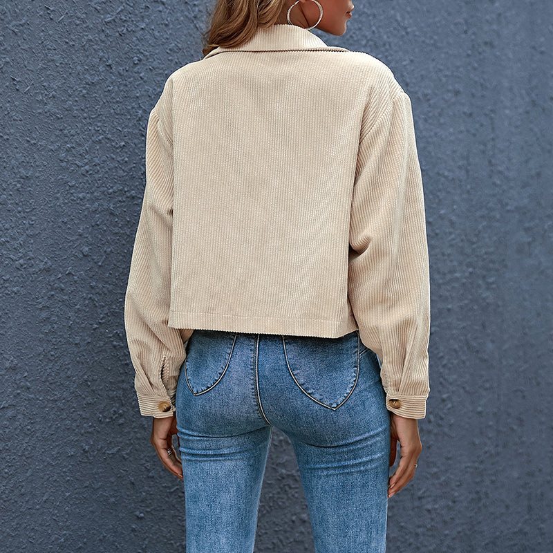 Veste courte en velours côtelé pour femme | fermeture à boutons | manches longues