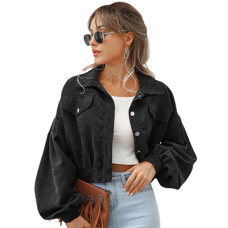 Veste courte en velours côtelé pour femme | manches longues | boutonnée sur le devant