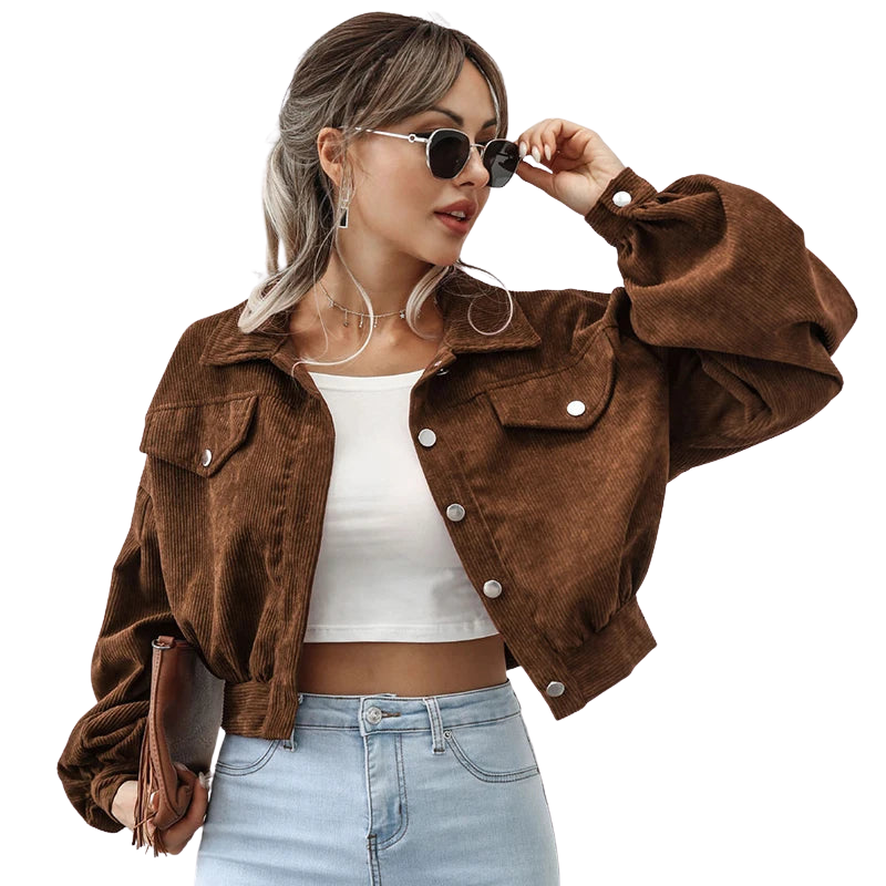 Veste courte en velours côtelé pour femme | manches longues | boutonnée sur le devant