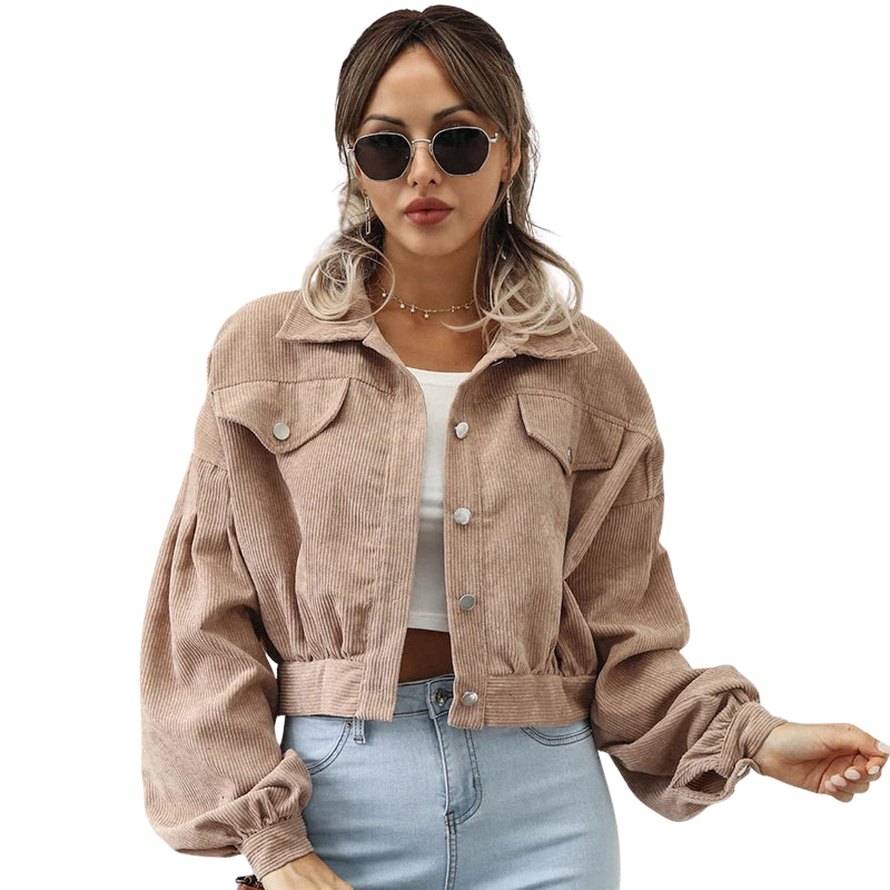 Veste courte en velours côtelé pour femme | manches longues | boutonnée sur le devant