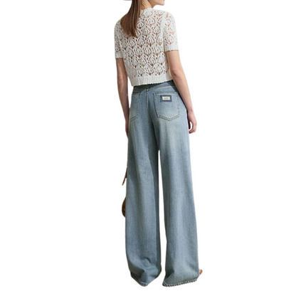 Pantalon pour Femme Évasé Taille Basse Uni Tissu Denim