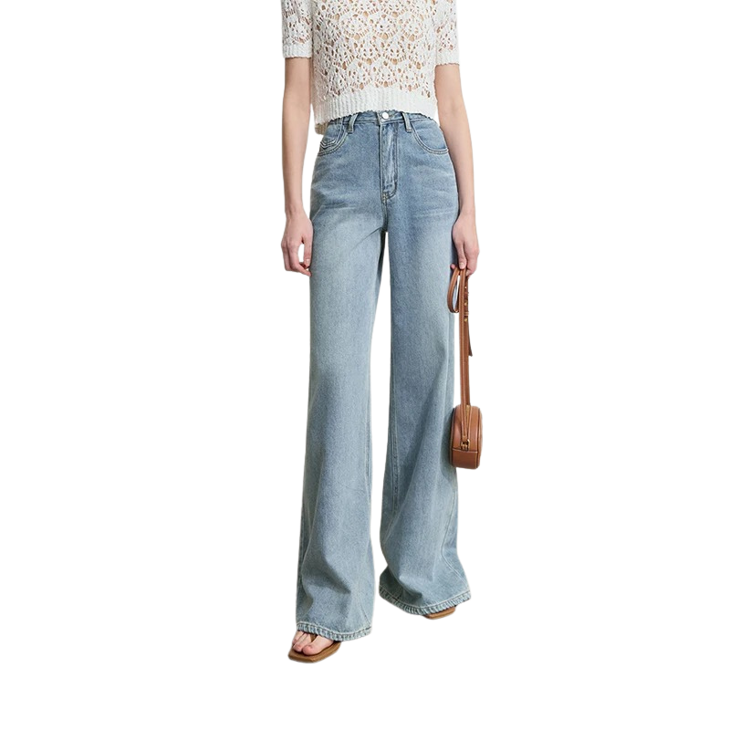 Pantalon pour Femme Évasé Taille Basse Uni Tissu Denim