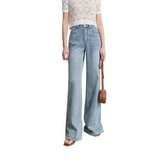 Pantalon pour Femme Évasé Taille Basse Uni Tissu Denim