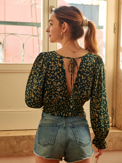 Blouse à plis et dos lacé à motif floral