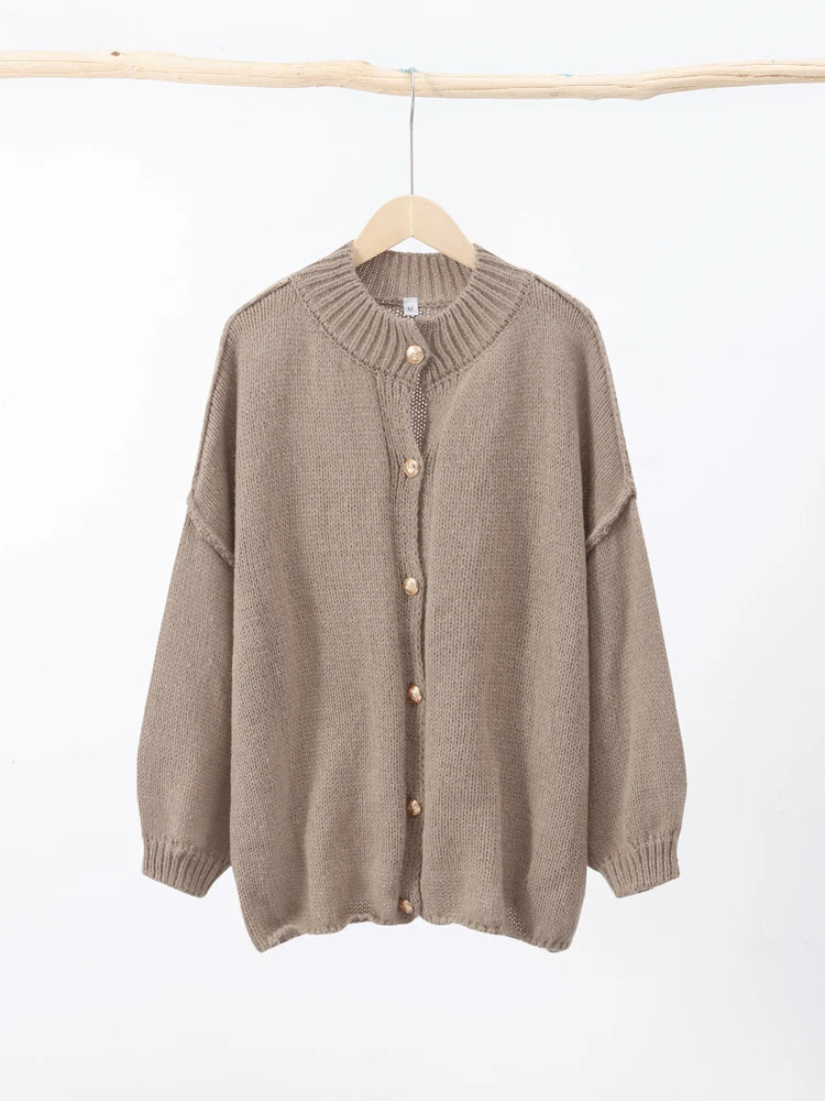 Cardigan boutonné pour femme en tricot | col en V | ourlet et poignets côtelés