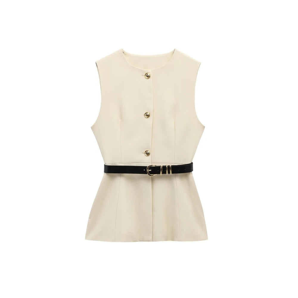Emma- Gilet Long Sans Manches avec Ceinture