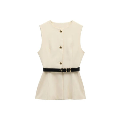 Emma- Gilet Long Sans Manches avec Ceinture