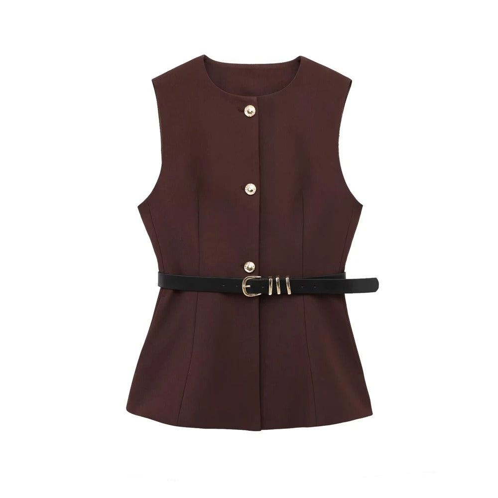 Emma- Gilet Long Sans Manches avec Ceinture