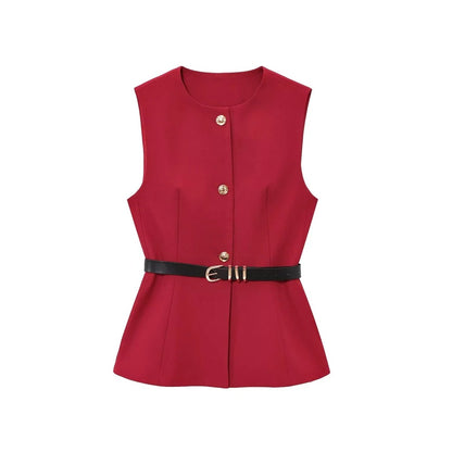 Emma- Gilet Long Sans Manches avec Ceinture