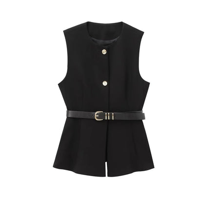 Emma- Gilet Long Sans Manches avec Ceinture