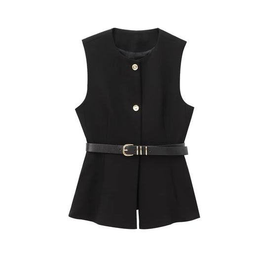 Emma- Gilet Long Sans Manches avec Ceinture