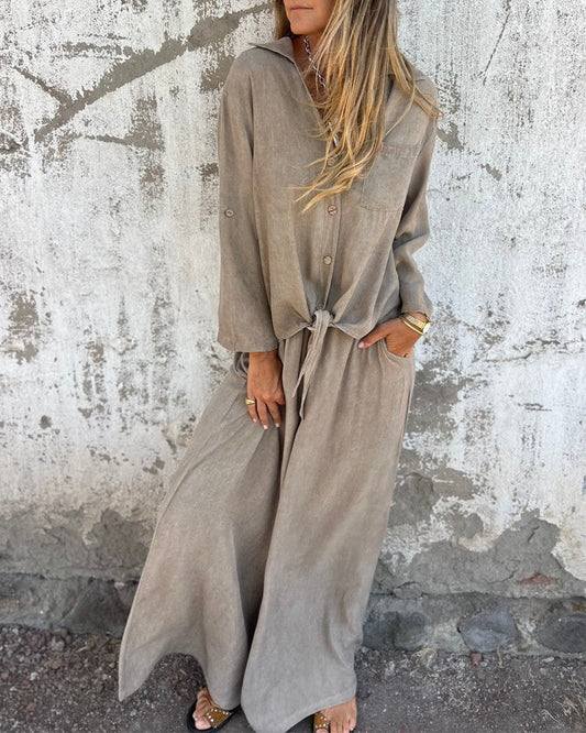 Ensemble deux pièces femme | haut boutonné à col | pantalon large à cordon | textile