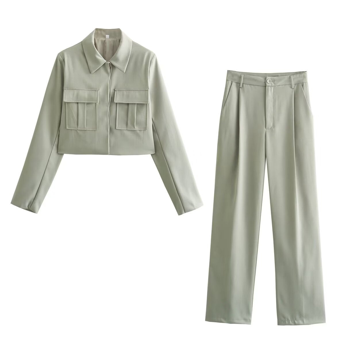 Ensemble tailleur femme | veste courte à poches | pantalon droit gris