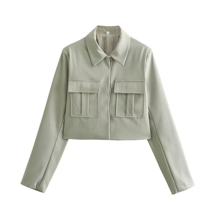 Ensemble tailleur femme | veste courte à poches | pantalon droit gris