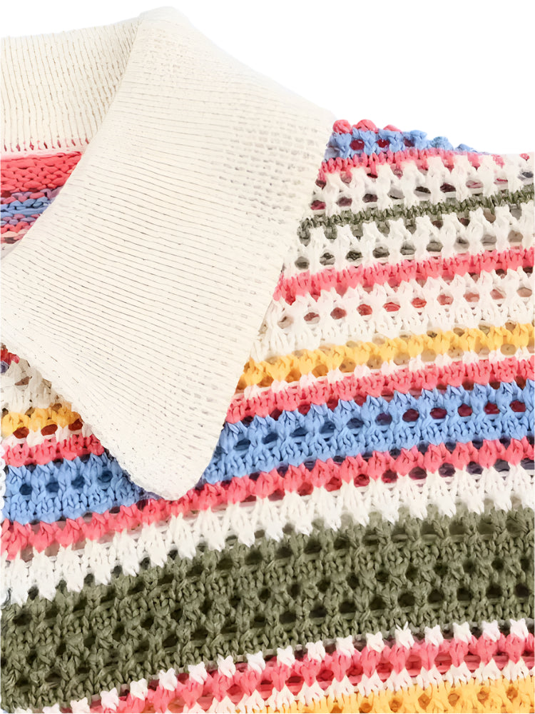 Jenie-Pull Court Crochet Rayé Femme – Col Polo, Boutonné