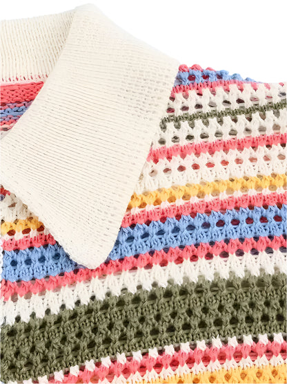 Jenie-Pull Court Crochet Rayé Femme – Col Polo, Boutonné