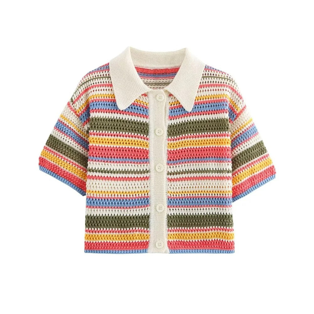 Jenie-Pull Court Crochet Rayé Femme – Col Polo, Boutonné