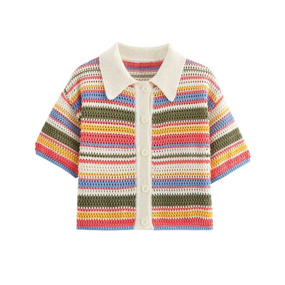 Jenie-Pull Court Crochet Rayé Femme – Col Polo, Boutonné