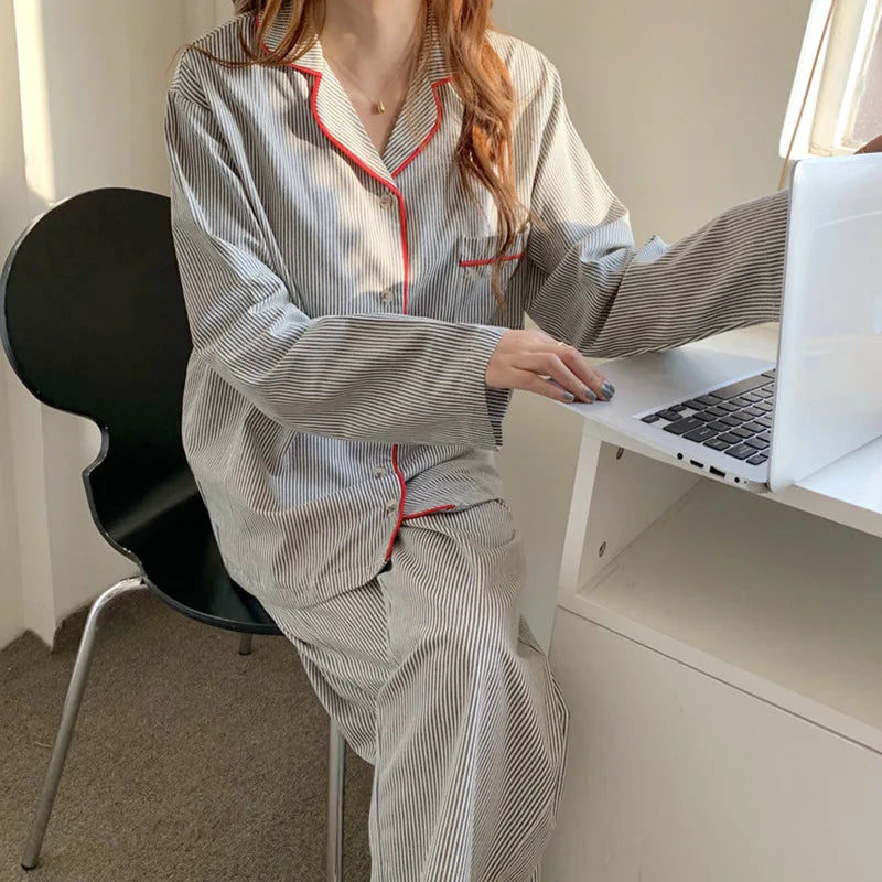 Pyjama Femme Hiver 2 Pièces Rayé avec Chemise Boutonnée et Pantalon Long Confortable
