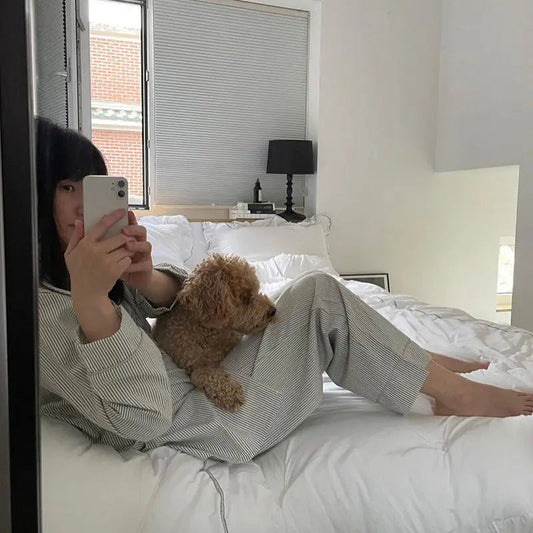 Pyjama Femme Hiver 2 Pièces, Haut à Manches Longues et Pantalon Rayé, Chaud et Confortable