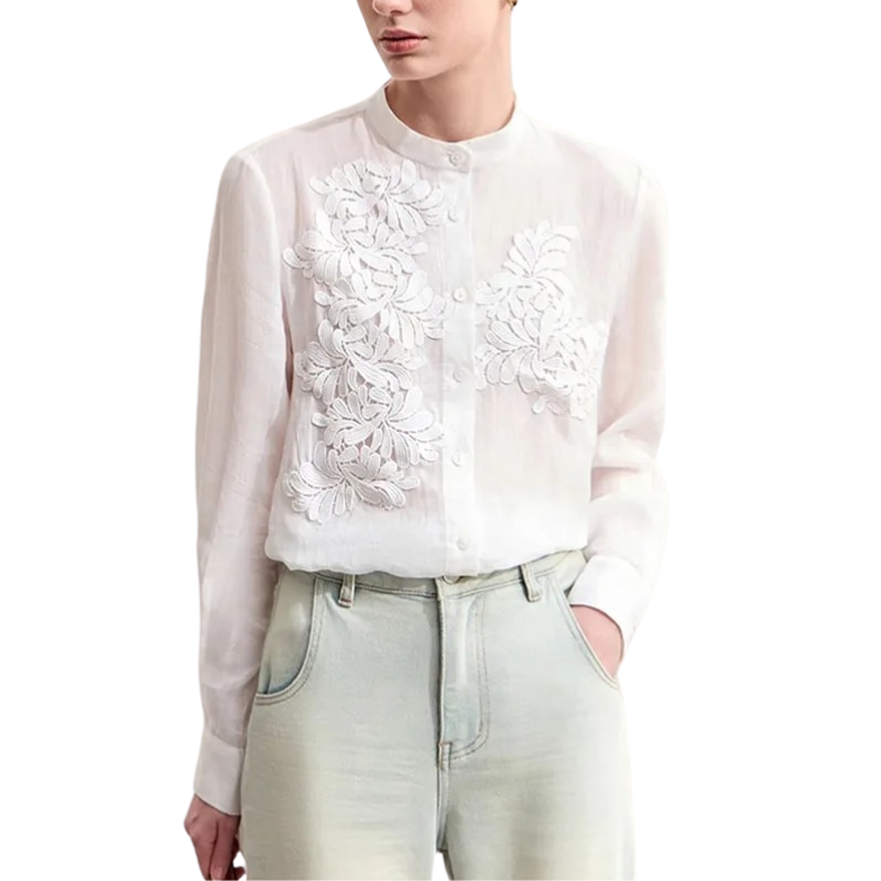Stella – Blouse Femme à Col Montant | Détails en Dentelle & Boutons en Nacre
