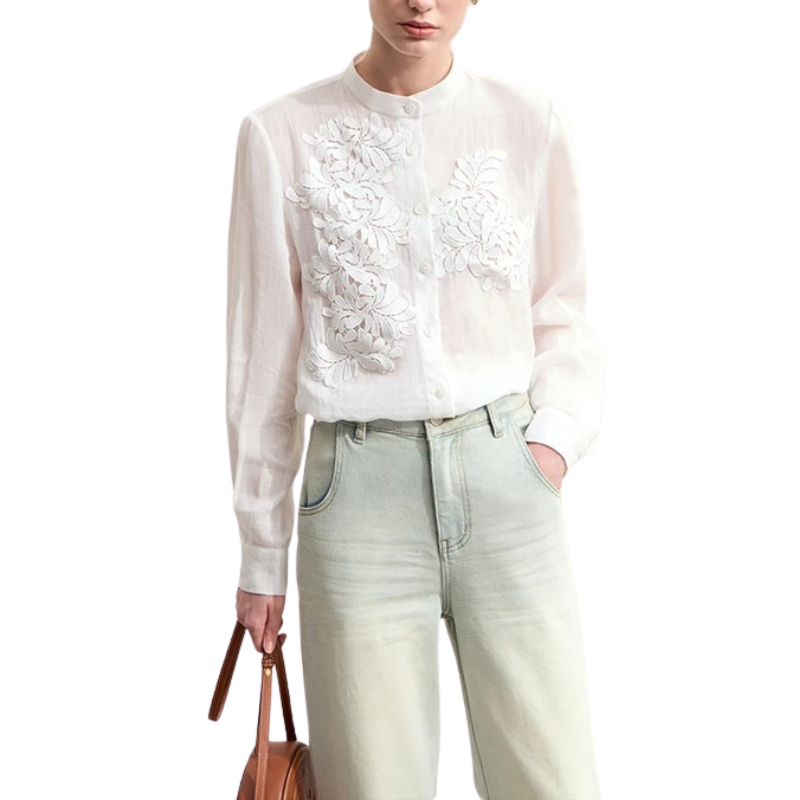 Stella – Blouse Femme à Col Montant | Détails en Dentelle & Boutons en Nacre