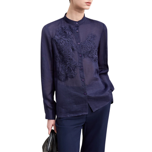 Stella – Blouse Femme à Col Montant | Détails en Dentelle & Boutons en Nacre