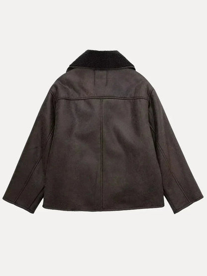 Veste femme col large empiècements duveteux