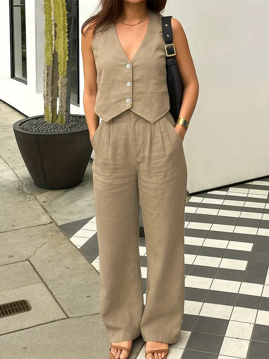 Ensemble 2 pièces gilet cintré sans manches & pantalon taille haute